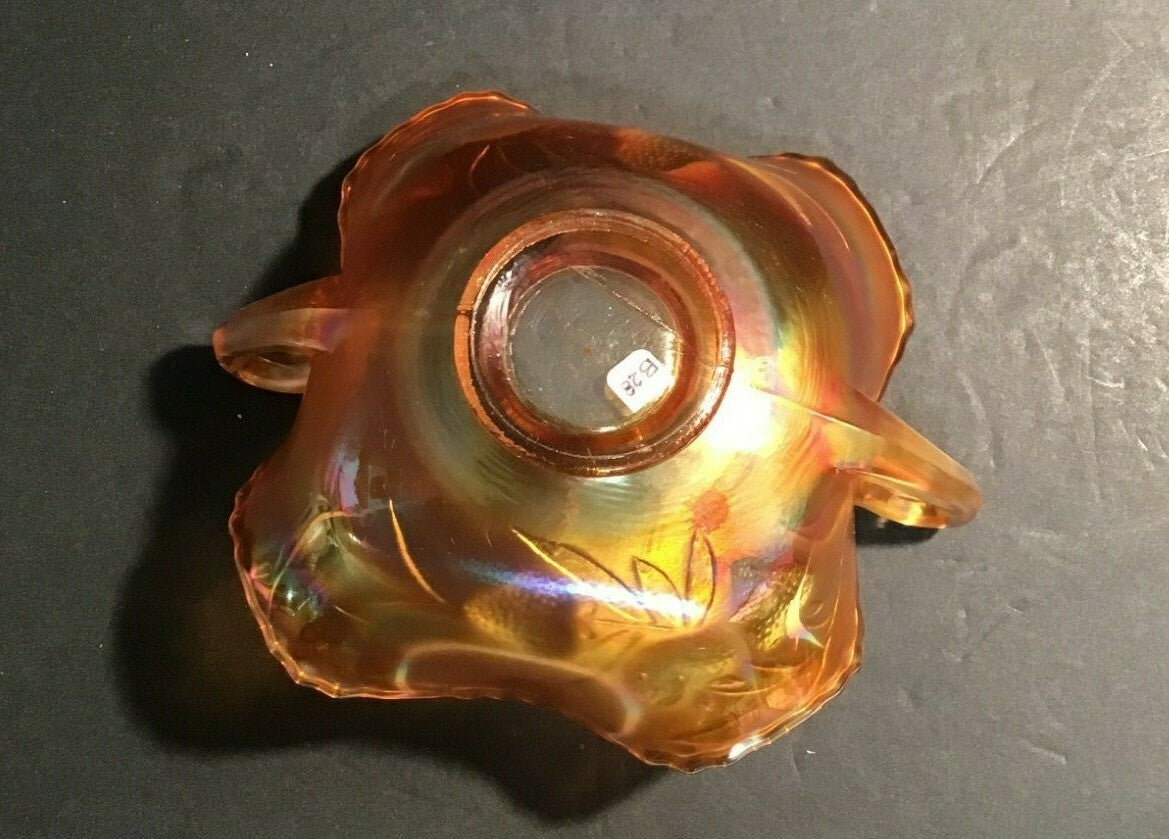 6 1/2" Marigold Two Handled Strawberry Pattern Bowl Iridescent Carnival Glass 