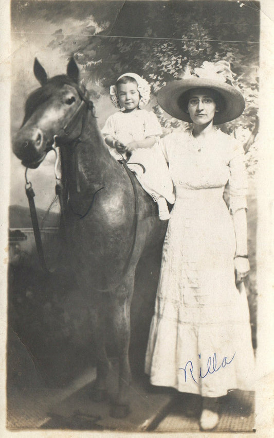 Real Photo RPPC Mother Rilla with Child on a horse statue 1913 Postcard