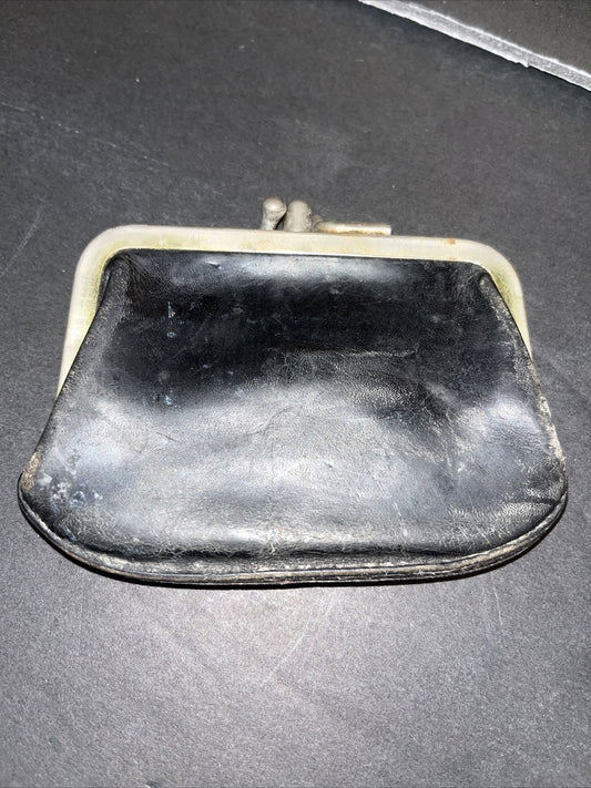 Vintage Coin Purse Black Leather Tiny KissLock Coin Purse