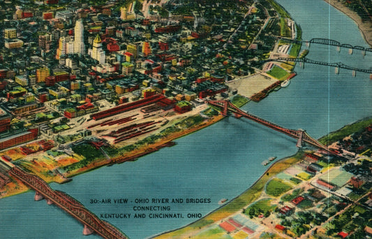 Air View Ohio River & Bridges Connecting Kentucky & Cincinnati OH Ohio Postcard