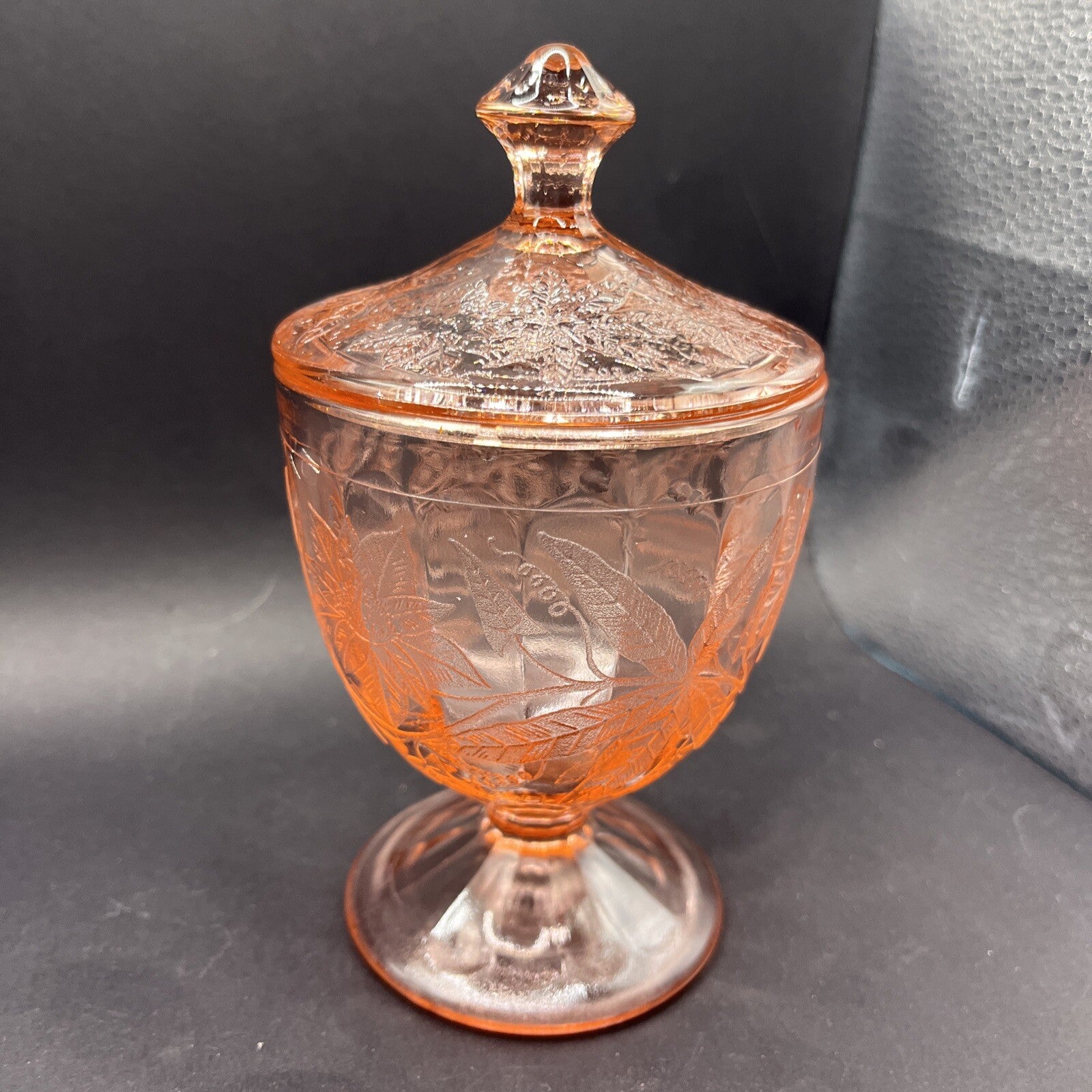 Floral Pink Footed Glass Candy Dish and Lid By Jeanette 6-1/4”