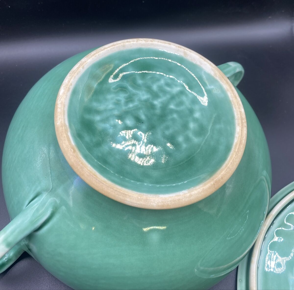 1930's Casserole W/ Lid Mount Clemens Petal Medium Green Round  8.25” Petalware