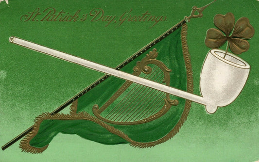 St. Patrick's Day Greetings White Pipe Green Flag with Gold Fringe Harp Postcard