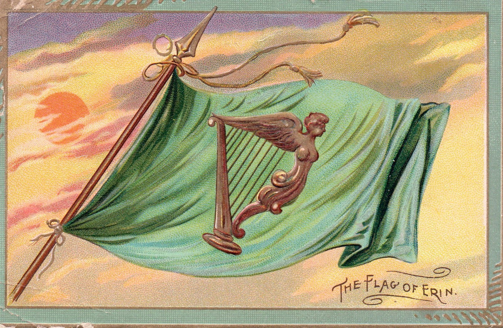St Pats Post Card Gold Harp on Flag The Flag Of Erin