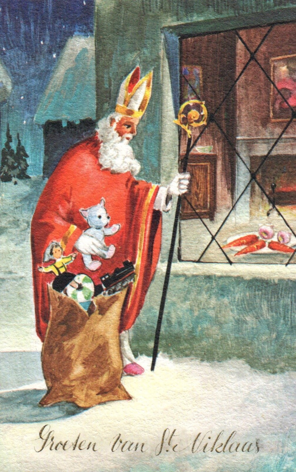 Greetings From St. Nicholas Santa Delivering Toys Vintage Santa Postcard