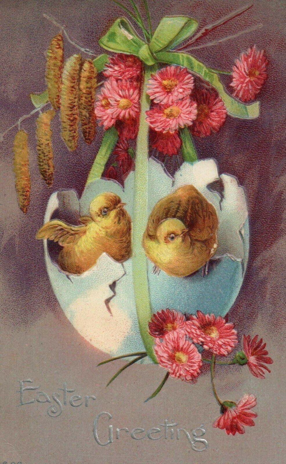 606 Chicks Coming Out Of Egg Basket Flowers Easter Greetings Postcard