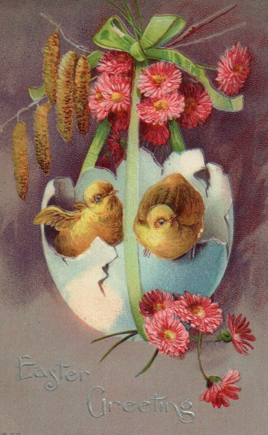 606 Chicks Coming Out Of Egg Basket Flowers Easter Greetings Postcard