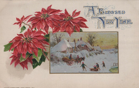 Winsch 1912 Blessed New Year Poinsettias Village Scene inset Gold Frame Postcard
