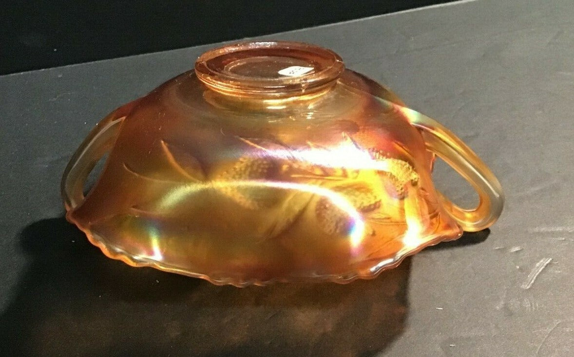 6 1/2" Marigold Two Handled Strawberry Pattern Bowl Iridescent Carnival Glass 