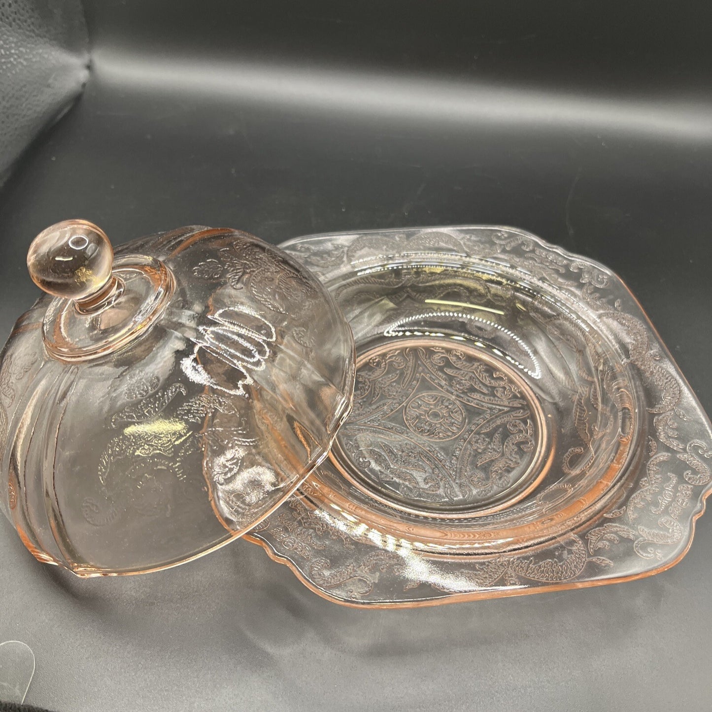 Vintage Madrid Style Pink Depression Glass Reproduction Covered Butter Dish