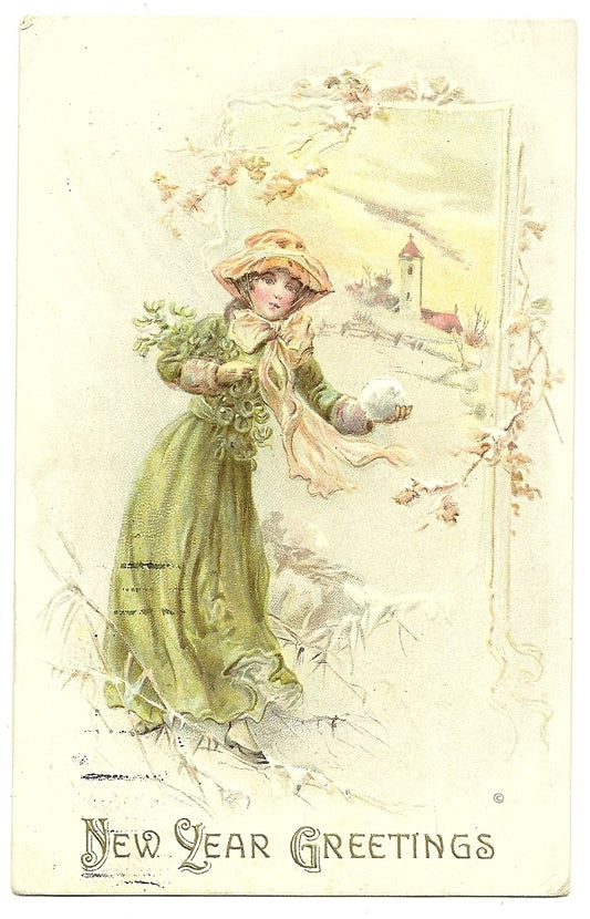 New Year Series 626 Woman with snowball   Postcard