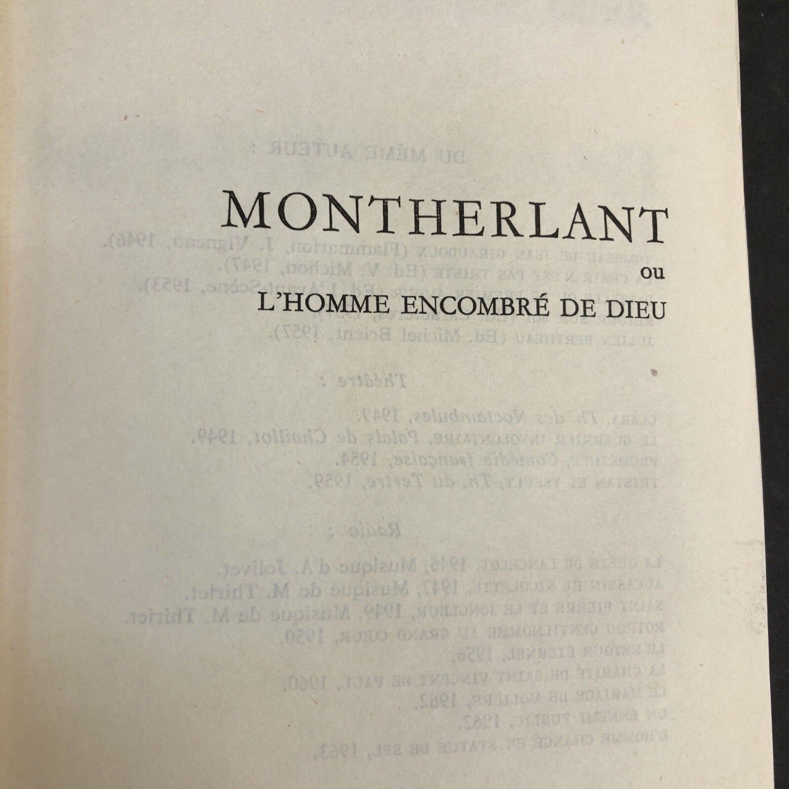 Book - Montherlant Jean de Beer - Portrait Dialogue 1963 French