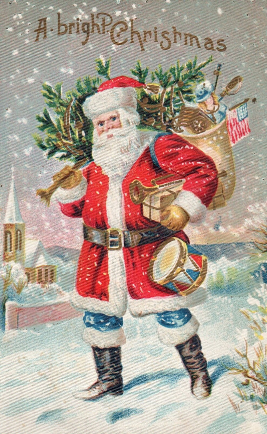 A Bright Christmas Santa in Snow with Sack of Toys Vintage Santa Postcard