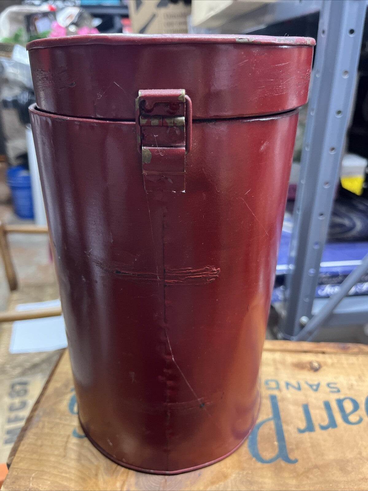 Conestoga Western Vegetables Red Metal Canister latch close 5.5x8.5" FREE SH