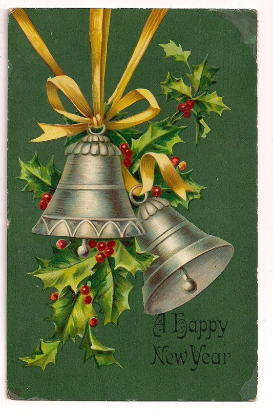 1909 New Year Holiday Bells with Holly Gel Finish  Postcard