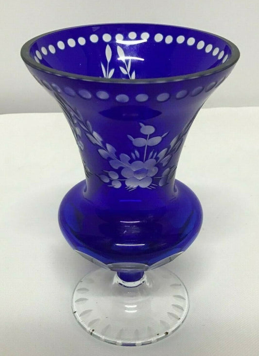 Vintage Bohemian Cobalt Cut Glass Small Vase