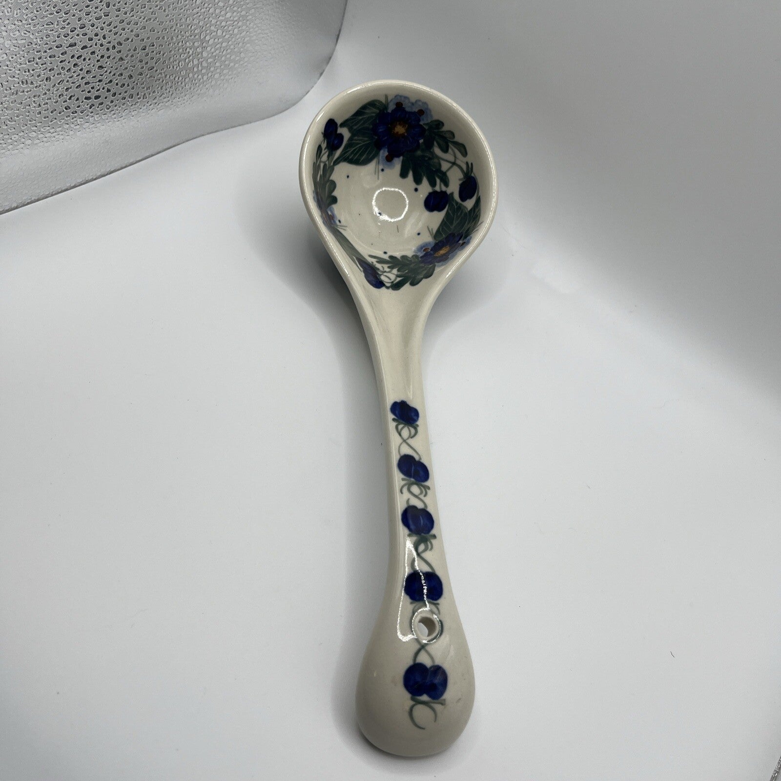 Vtg Polish Pottery Soup Serving Ladle 12“  Wild Blueberry Cobalt Blue