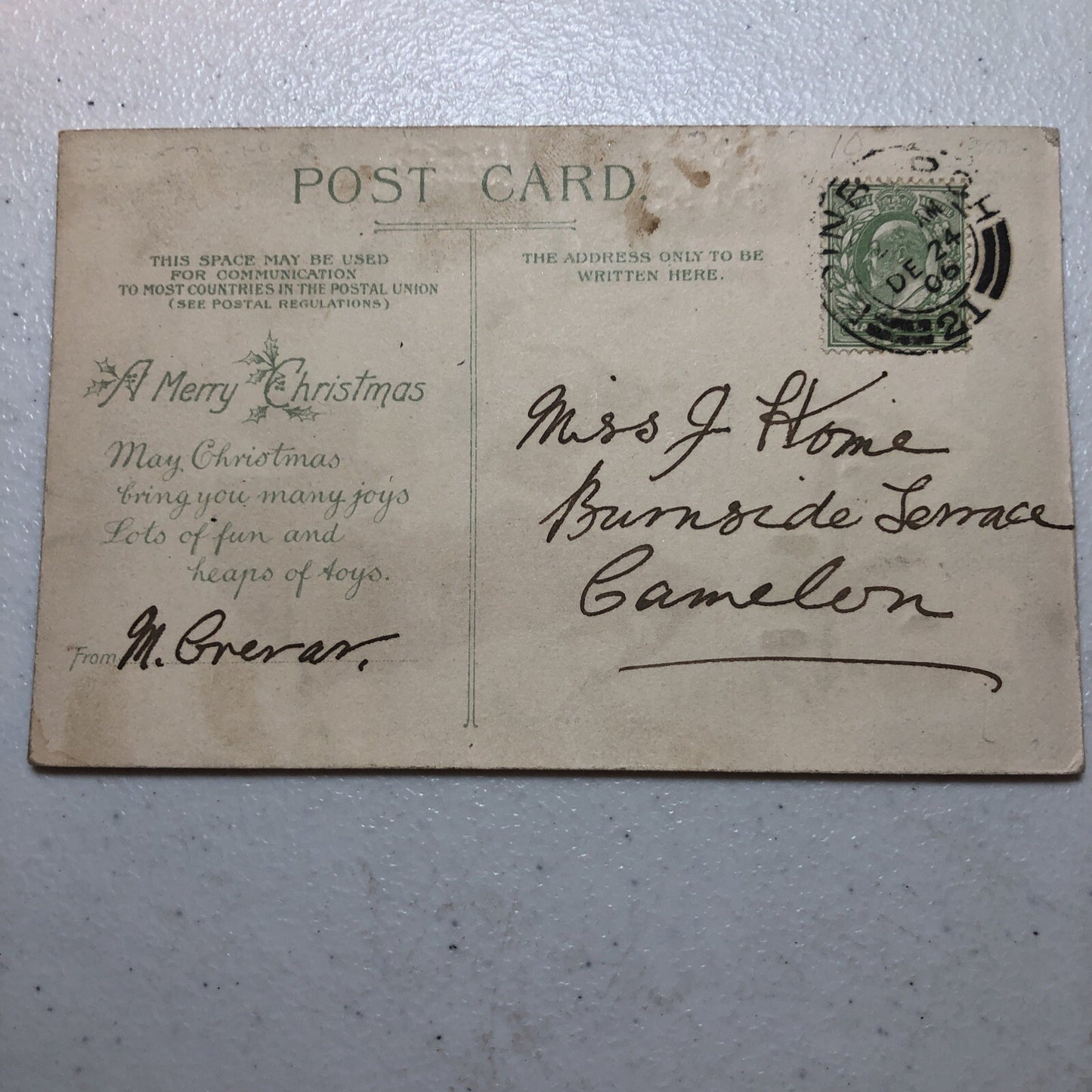 HTL Hold to the Light Santa Claus in Red Robe Holding Cane Christmas Postcard