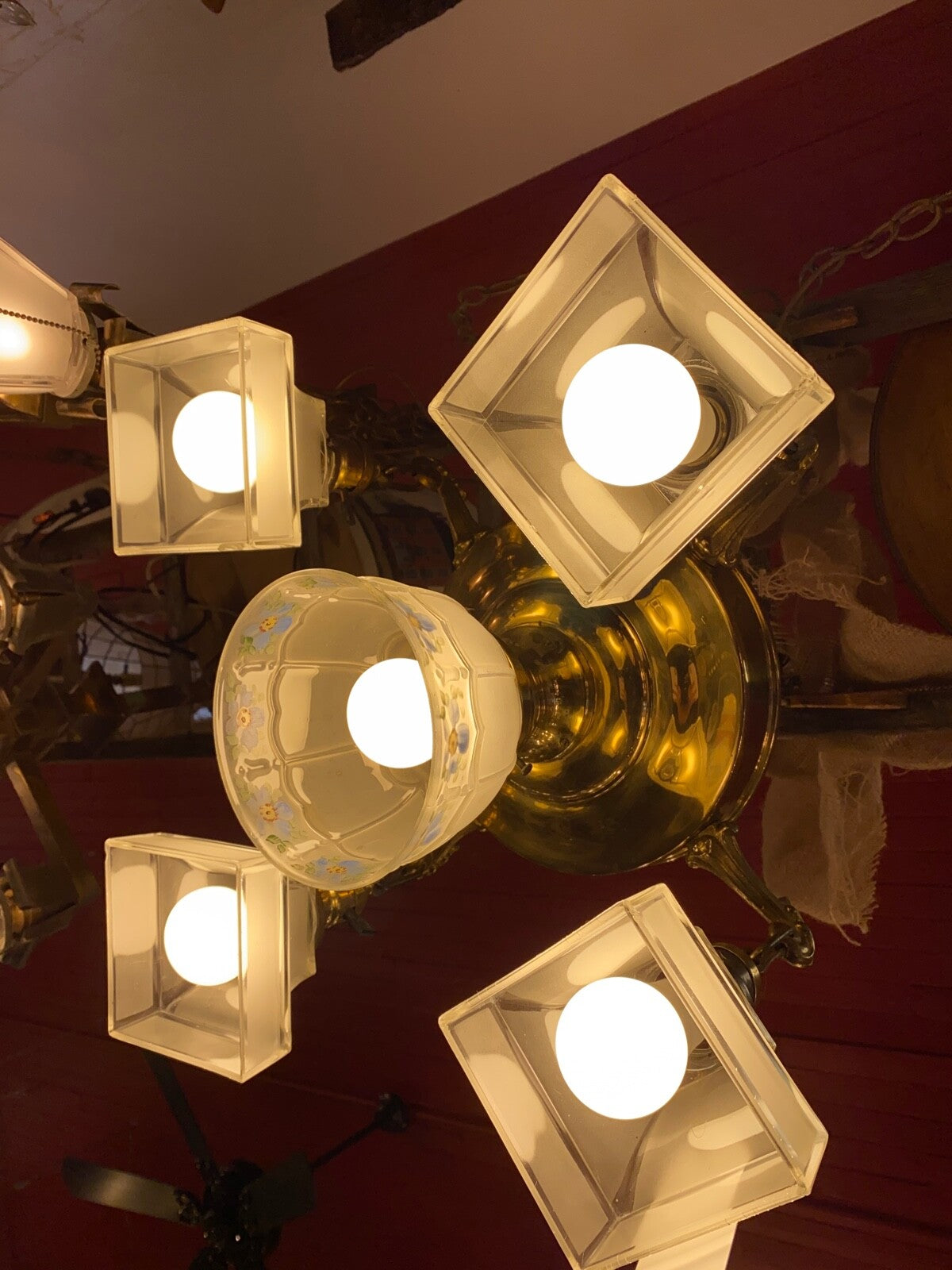 Hand Painted Blue Flower Pan Fixture Chandelier 5 Light 