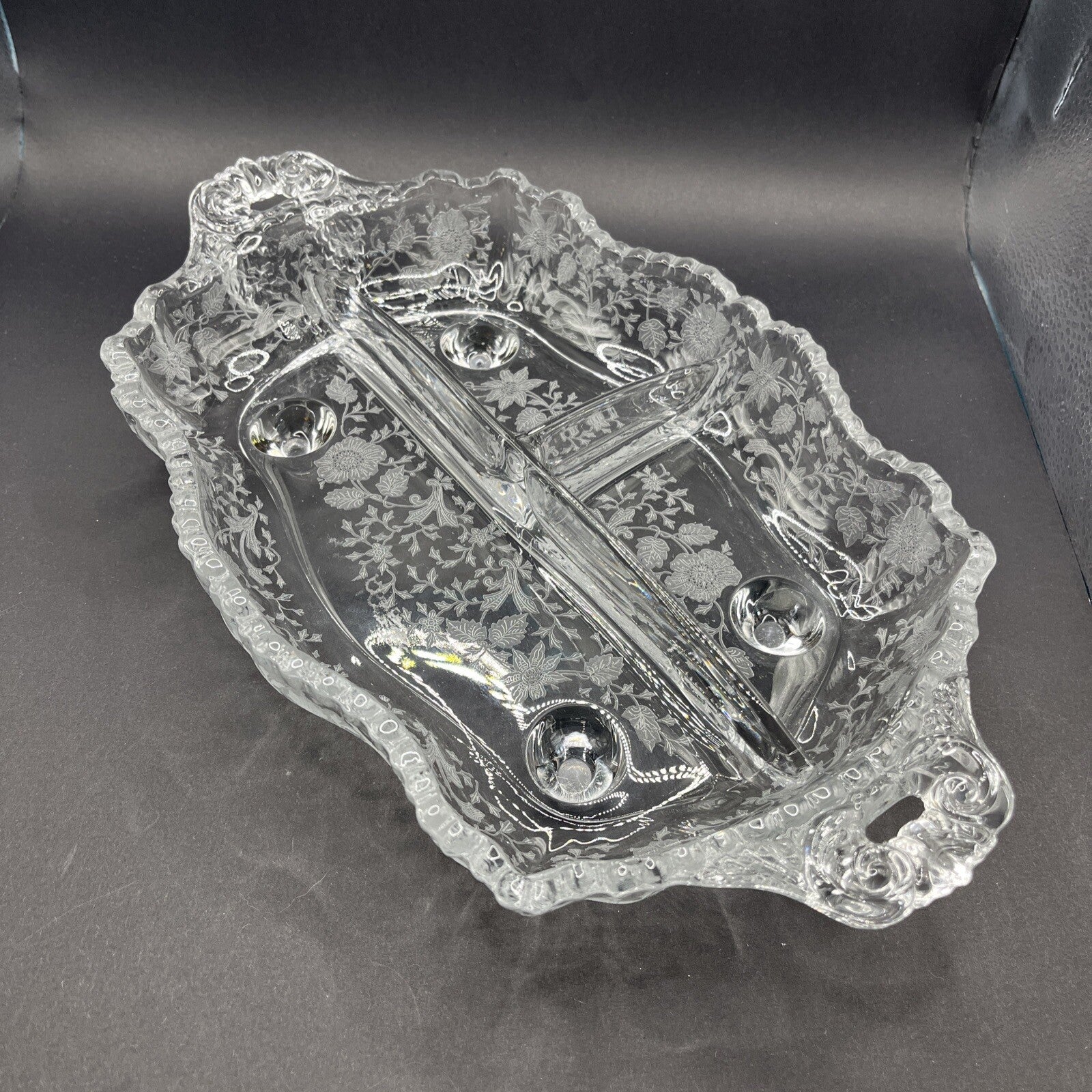 Cambridge Glass Clear 4 Toed 3 Part Relish Dish WILDFLOWER Etched