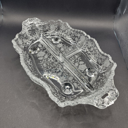 Cambridge Glass Clear 4 Toed 3 Part Relish Dish WILDFLOWER Etched