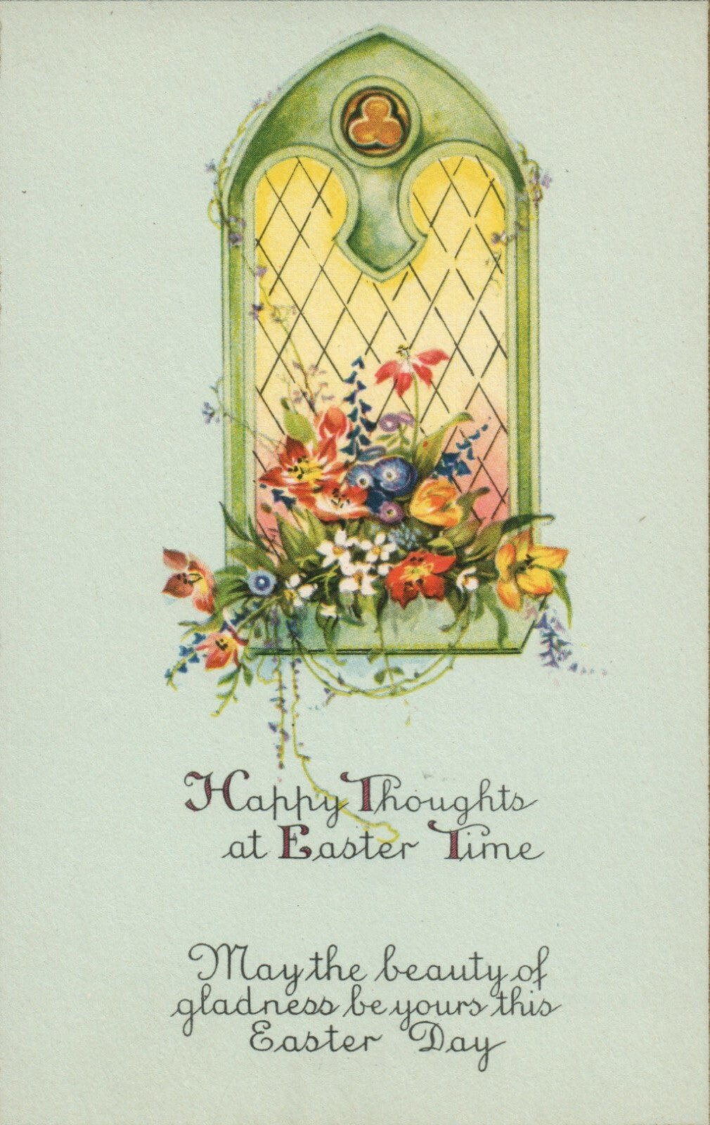 Blue Background Gold Boarder Stained Glass Assorted Flowers Postcard