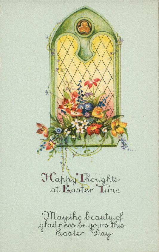 Blue Background Gold Boarder Stained Glass Assorted Flowers Postcard