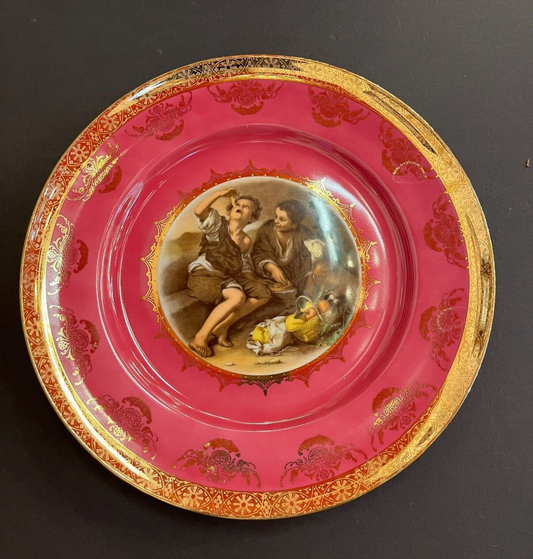 Vintage Bavaria Pink Decorative Plate with Gold Trim Two Boys Eating with Dog
