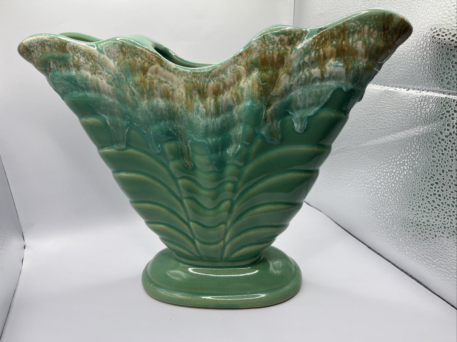 Vintage Roseville Pottery, Triple Drip Fan Vase, Teal green