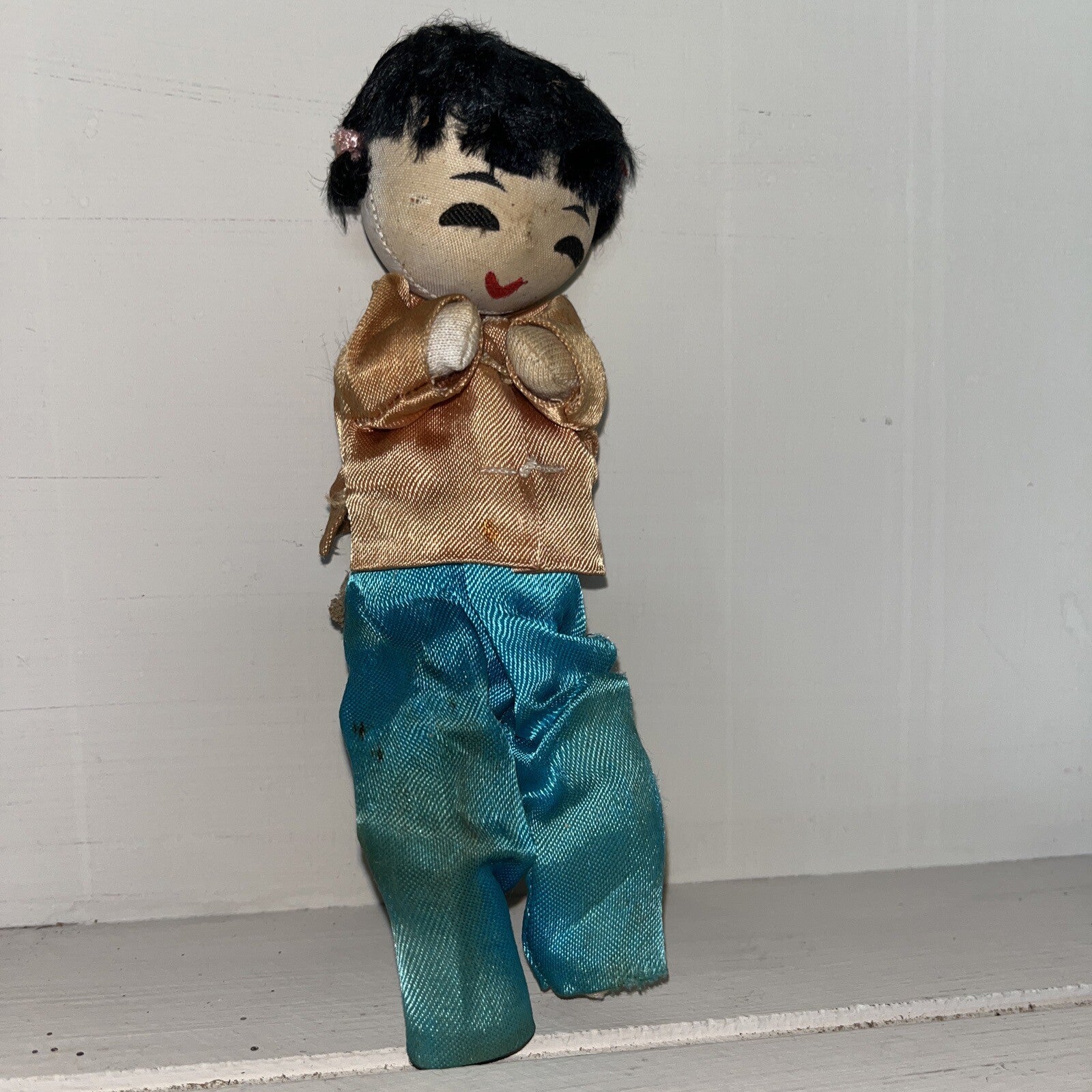 Vintage Asian Chinese Traditional Cloth Doll 6” Silk Hand Painted Black