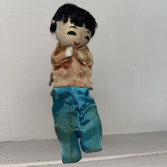 Vintage Asian Chinese Traditional Cloth Doll 6” Silk Hand Painted Black