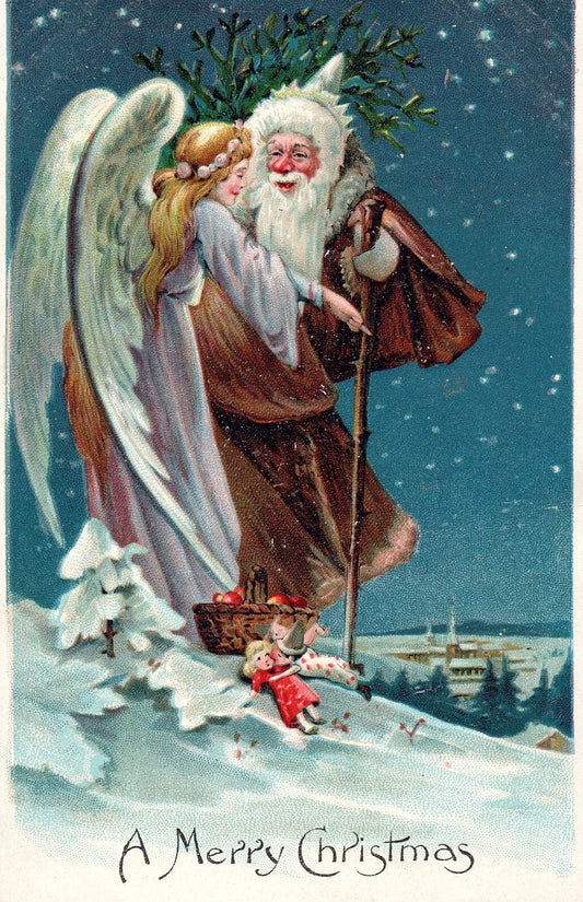 A Merry Christmas Santa with Angel On Snowy Hill Vintage Santa Postcard