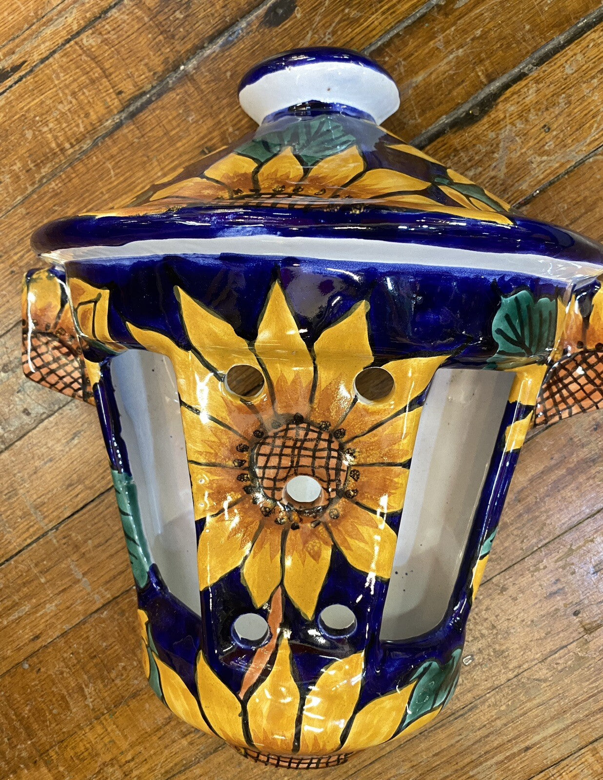 vintage Terracotta Pottery Wall Pocket Planter Mexican Talavera 1980's Sunflower