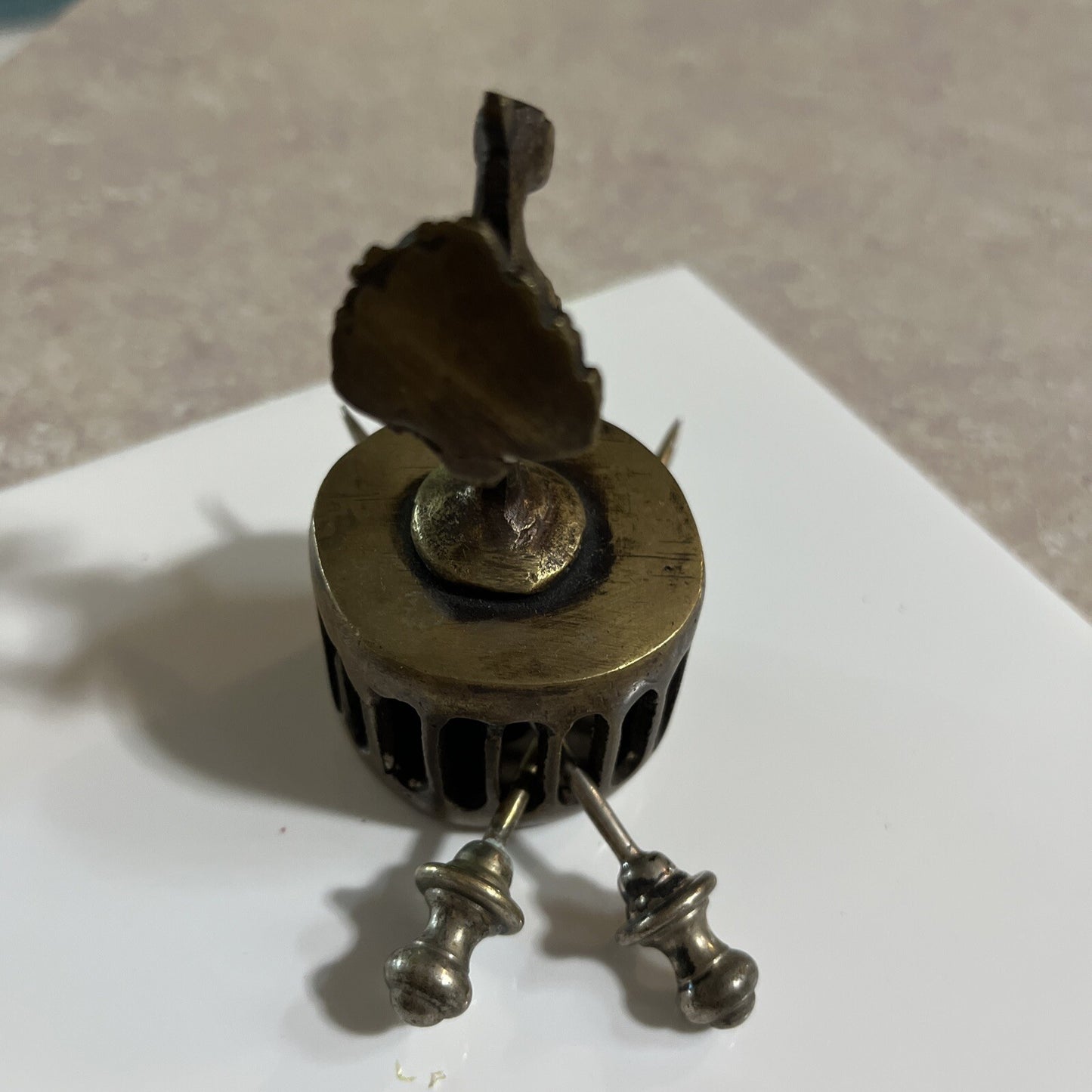 Vintage India Brass Peacock Figure Foot Scrubber 3" Tall x 1-1/2"