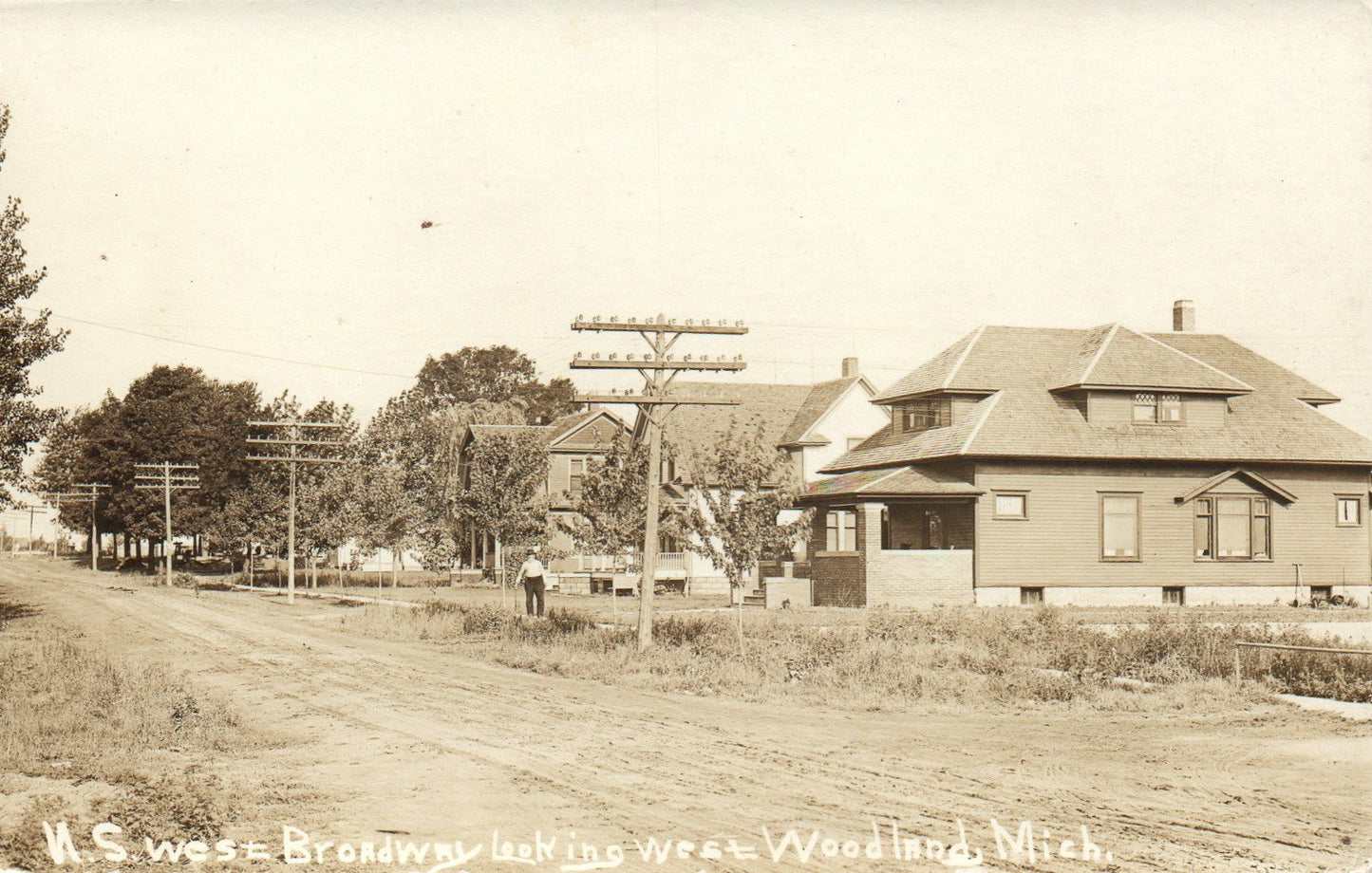 Broadway Looking West Real Photo Home Man Woodland MI Michigan Vintage Postcard 