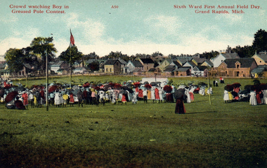 Crowd Watching Boy in Greased Pole Contest, Grand Rapids MI Postcard