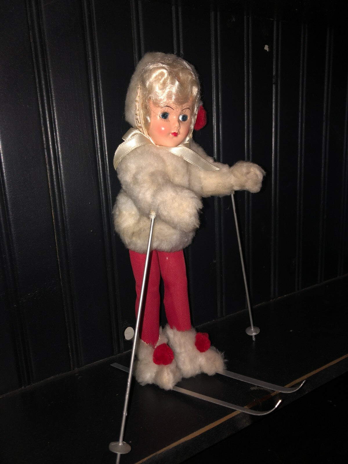  Porcelain Doll  White Fur Coat  12" Tall with Skis and polls