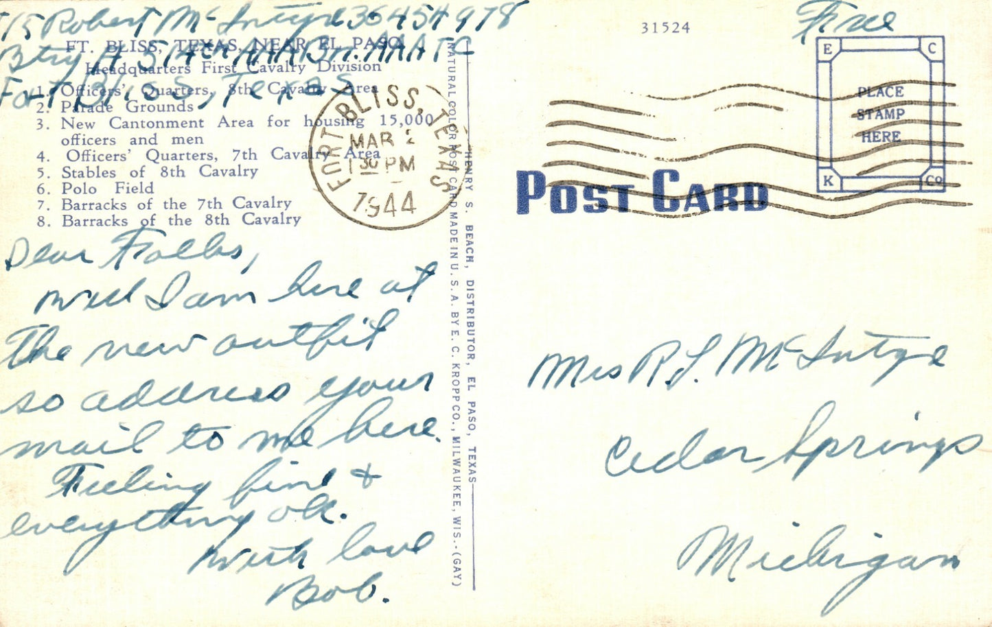 Aerial View Ft. Bliss El Paso Tex Texas TX Postcard  