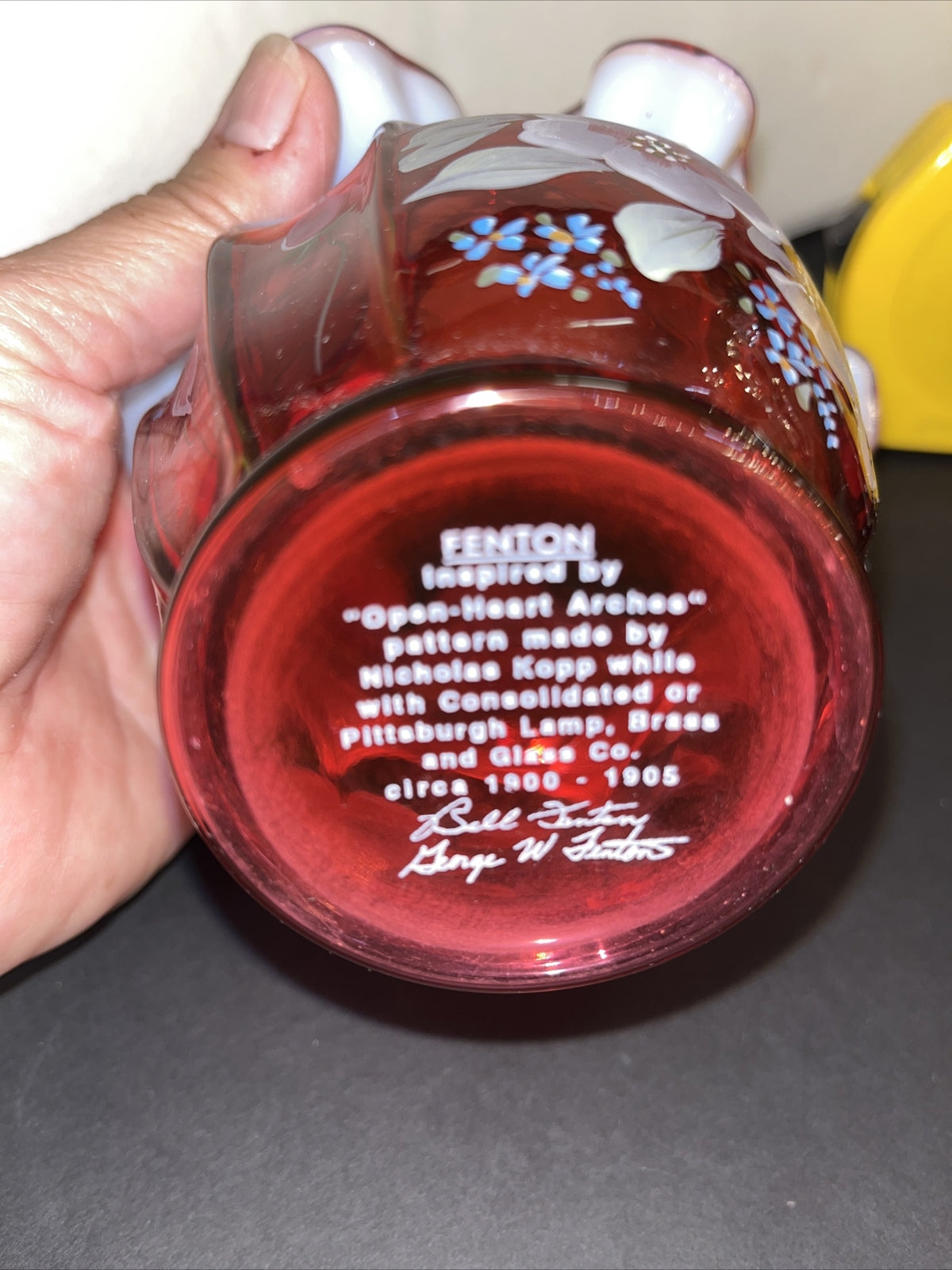 Fenton Art Glass Cranberry Opalescent Open Heart Arches Basket Signed & HP