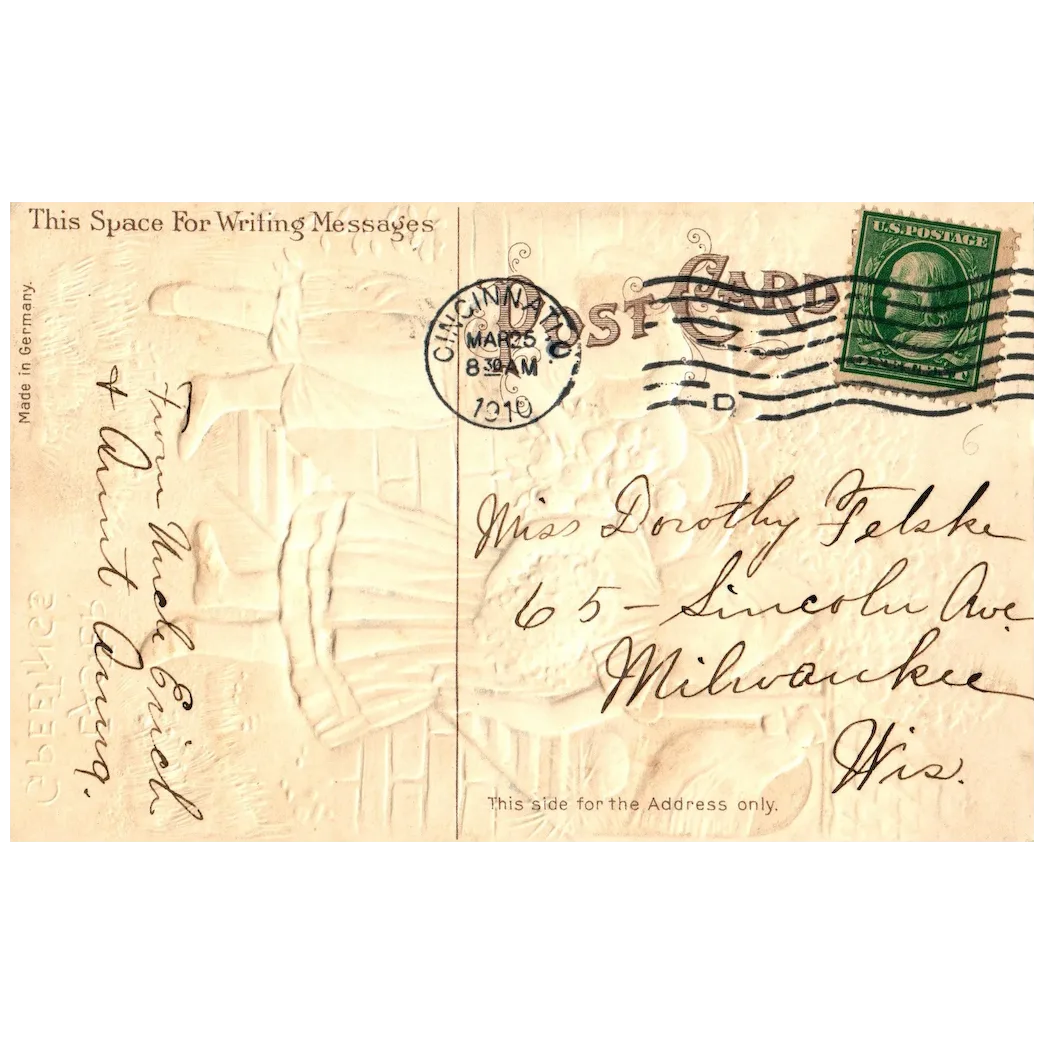 Easter Greetings Little Girls w/ Flowers on Farm in Spring Silk Easter Postcard