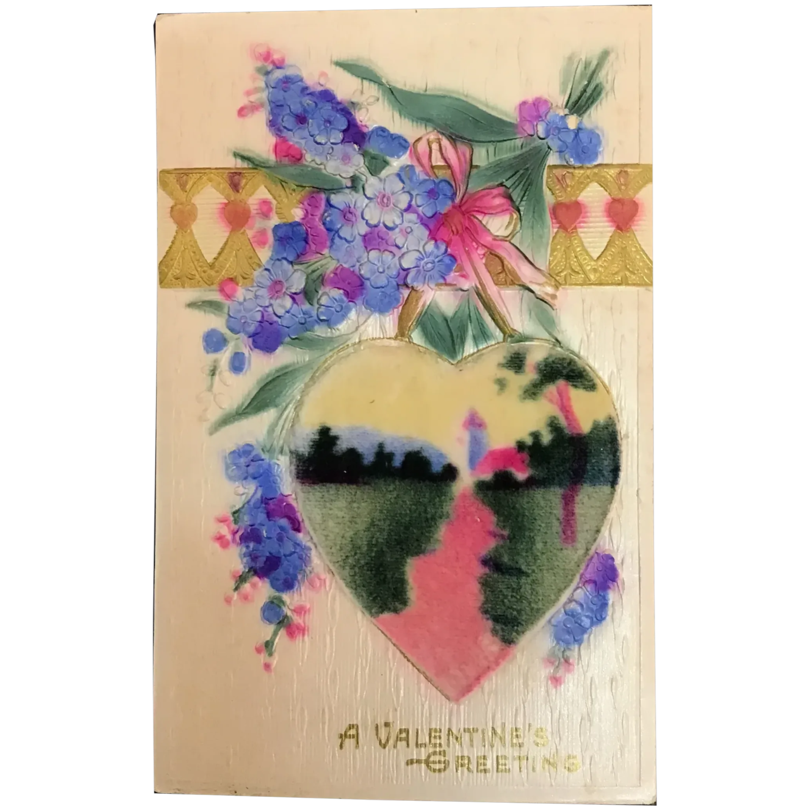 Colorful Valentines Day Postcard with Soft Fabric Heart on the Front Postcard