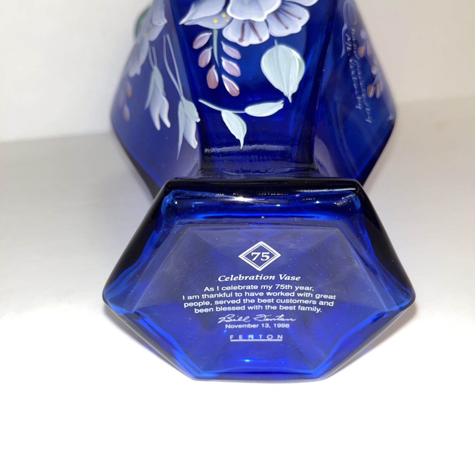 Fenton 75th Anniversary Vase Colbalt Blue Green Crest Hand Painted Signed