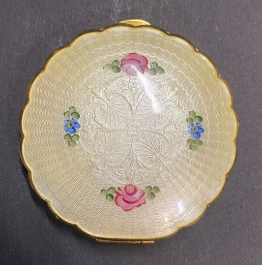 VTG R&G CO. PASTEL YELLOW ENAMEL HAND PAINTED FLOWERS POWDER & BLUSH COMPACT