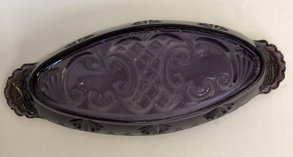 Rare vintage Amethyst Pickle Dish Pressed Glass Scalloped Gold Edging