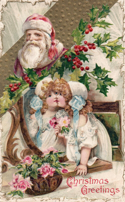 Christmas Greetings Little Girls with Holly & Santa Vintage Santa Postcard