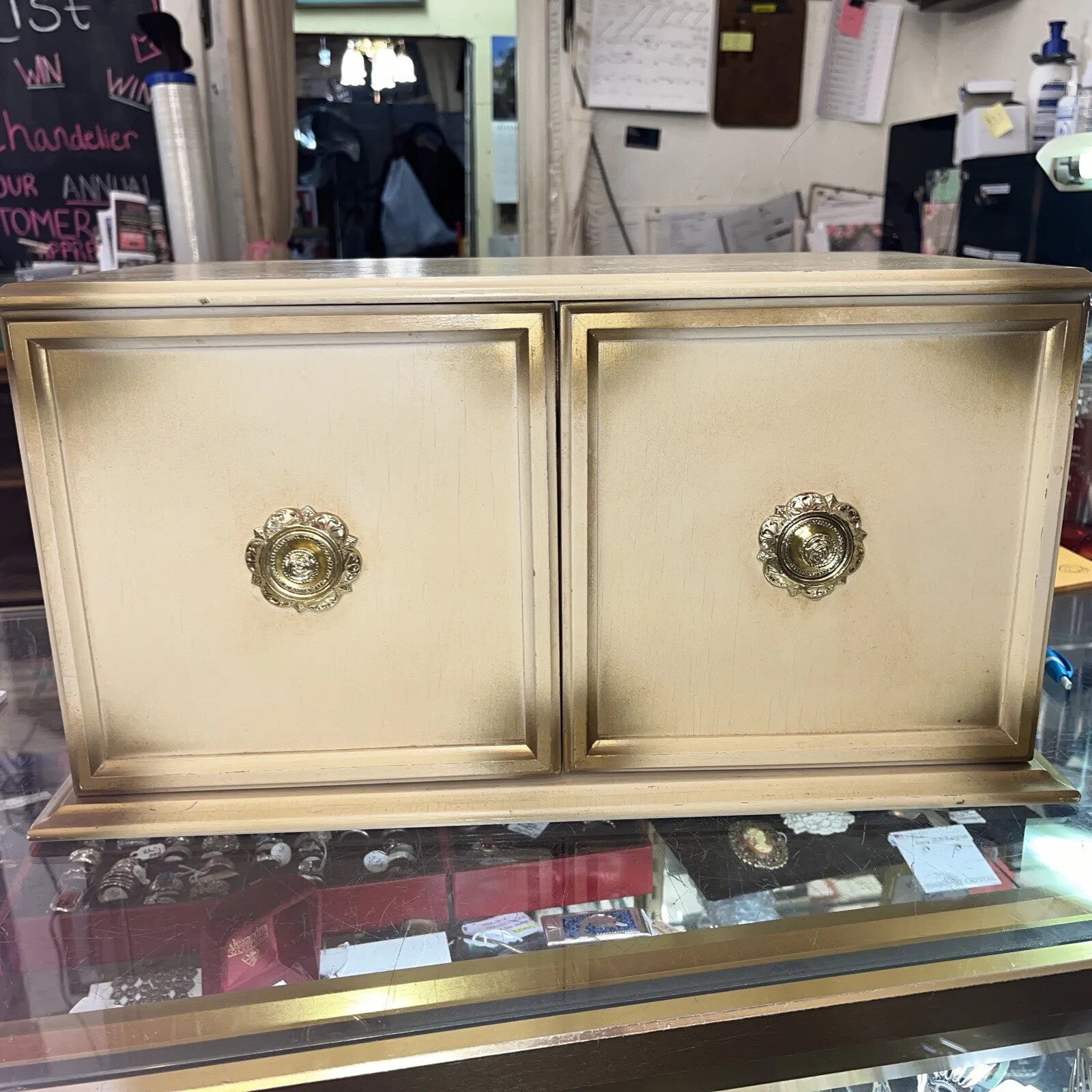 RARE VTG Gold Hollywood Regency Style Mirrors,4 Drawer Velvet lined Jewelry Box