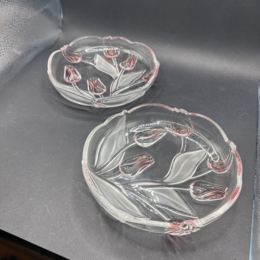 Mikasa 2 Crystal Clear Glass Tivoli Tulips 7" Candy Dish Bowl Green Red