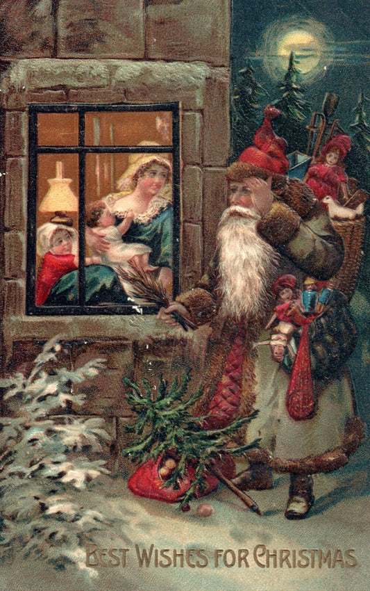 Best Wishes For Christmas Santa With Toys Watching Family Vintage Santa Postcard
