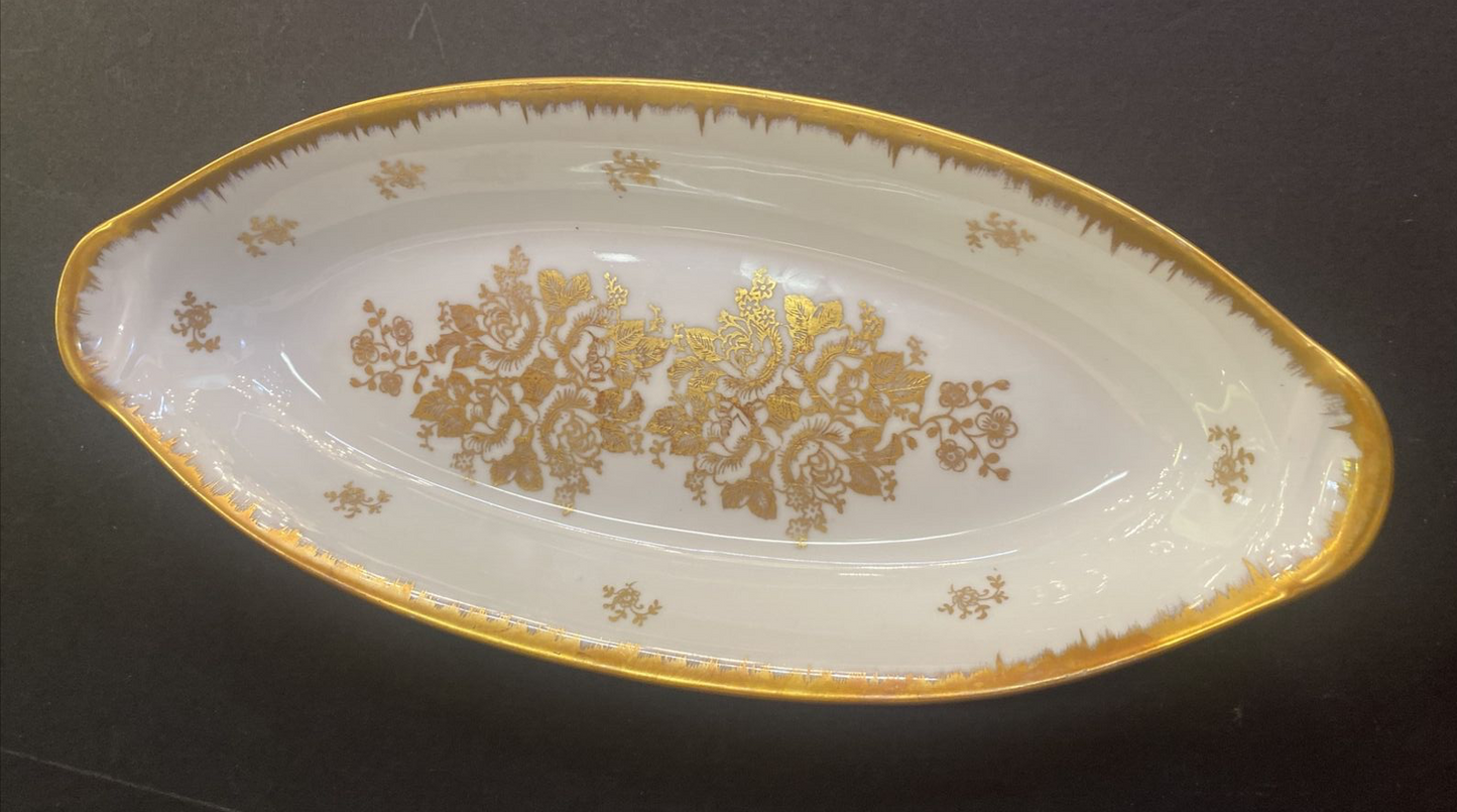 Vintage French Oval White Gold Serving Dish Hand Painted