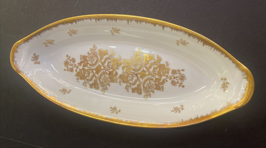 Vintage French Oval White Gold Serving Dish Hand Painted
